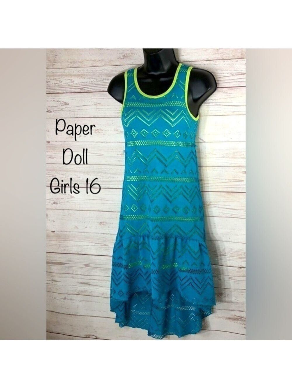 Paper Doll Girl Size 16 or W. Sm Teal Blue & Lime Layered Hi Low BEACH Dress